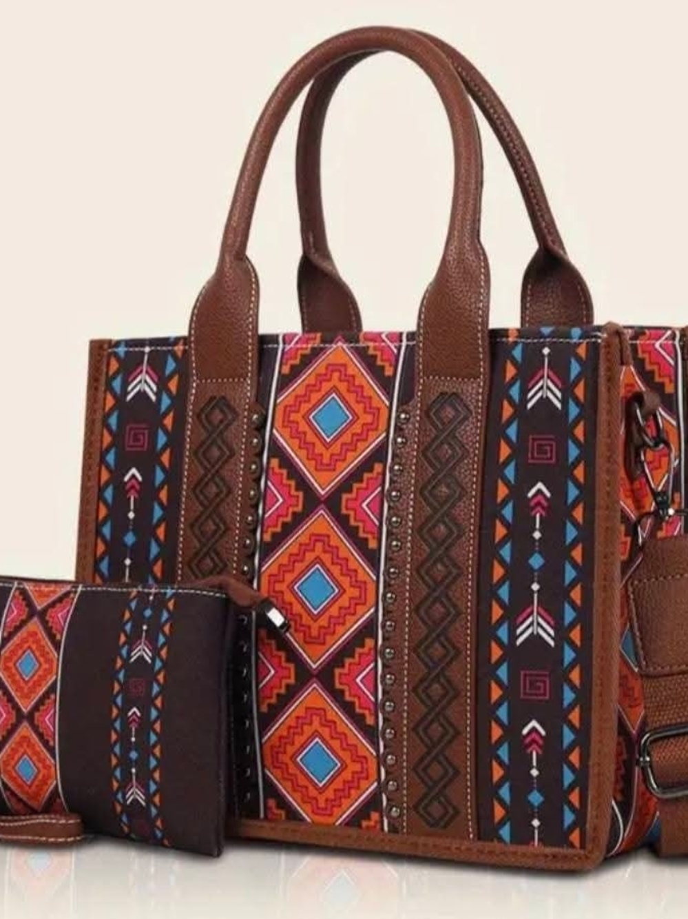 Boho Aztec Pattern Tote Bag with Brown Trim